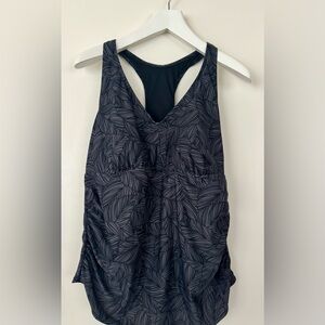 Kona Sol Tankini Swim Top 20W Black Leaf Print Ruched Sides Racerback Plus Size